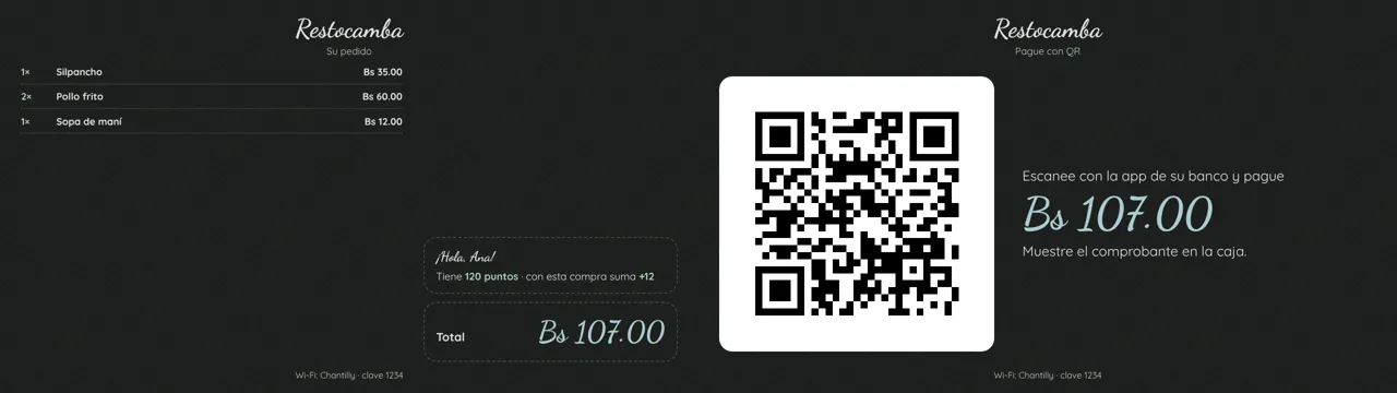 Pantalla del cliente con el pedido y el QR de pago